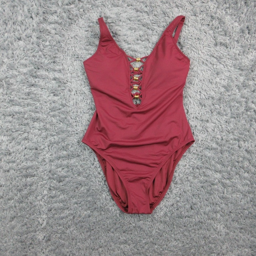 Bleu Rod Beattie One Piece Womens 6 Red Spaghetti Beaded Lined Padded NWT